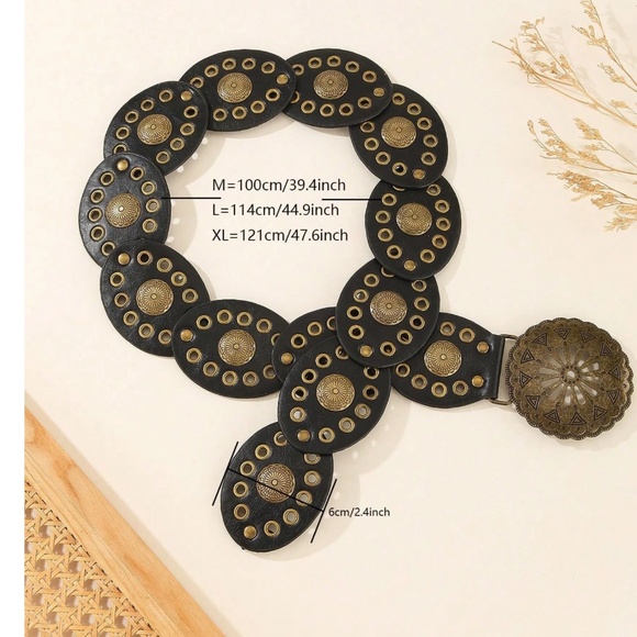 Boho Vegan Leather Grommet Statement Round Buckle Wide Belt - Picture 3 of 5